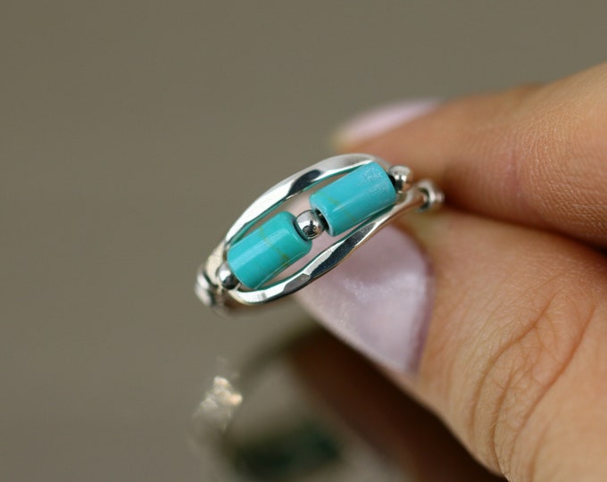 Vintage Size 7.75  Blue Turquoise Stone Hammered Dainty Design Stacking Ring 925 Sterling  RG 4334