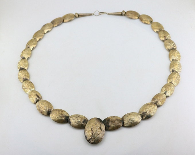 Vintage 27 Inch Navajo KC Stamped Beaded Oval Etched Gradual Bead Chain Southwestern Design Necklace 925 Sterling Silver NC 2165J