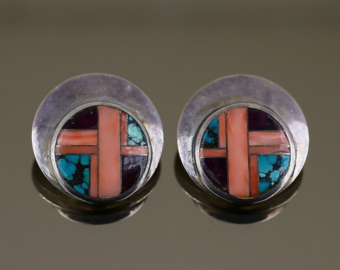 Vintage Authentic John Charley Navajo Round Multi Stone Design Clip On Earrings Sterling Silver 925 ER 1618