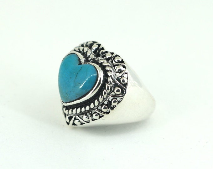 Vintage Size 6 Heart Turquoise  Design Ring 925 Sterling Silver  RG 1674