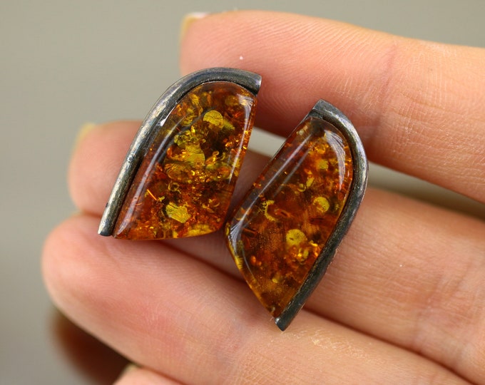 Vintage Beautiful Rectangle Bar Natural Amber Design Stud Earrings Sterling Silver 925 ER 1525