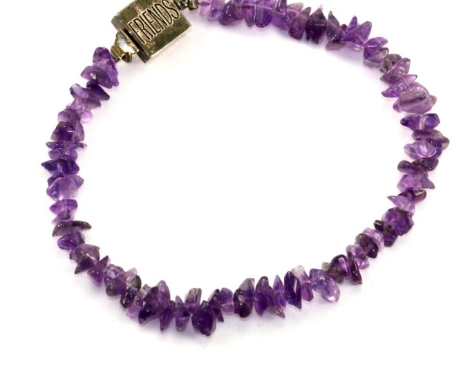 Vintage Amethyst Stone Beads "Friends" Engraving Bracelet 925 Sterling Silver BR 2143