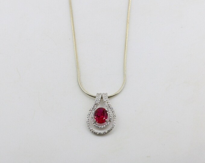 Vintage Thailand Beautiful White CZ Pink Rubi Crystal Teardrop Design Pendant Necklace 925 Sterling Silver NC 2182K