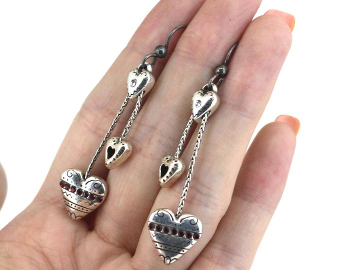 Vintage Brighton Triple Cascading Ruby Crystal Heart Design Drop/Dangle Earrings Sterling Silver ER 9