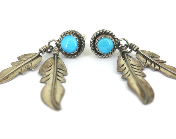 Vintage Native American Small Blue Turquoise Bead Beaded Leaf Design Stud Earrings Sterling Silver ER 1831