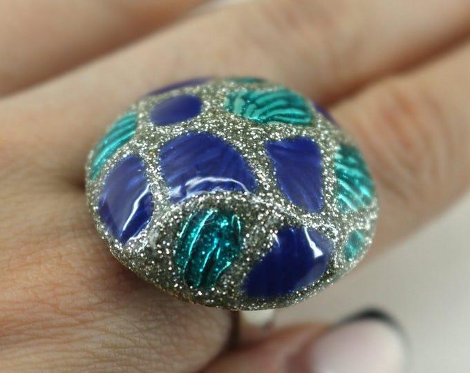Vintage Size 6.75 Large Blue & Green Enamel Statement Ring Sterling 925 Silver RG 3926