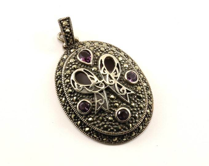 Vintage Beautiful Large Purple Amethyst Marcasite Bow Design Pendant 925 Sterling  PD 567