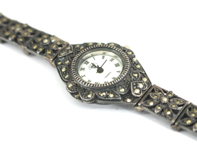 Vintage Diamond Elegant Square Links Marcasite Stones Japan Quartz Movement Watch 925 Sterling Silver OT 467
