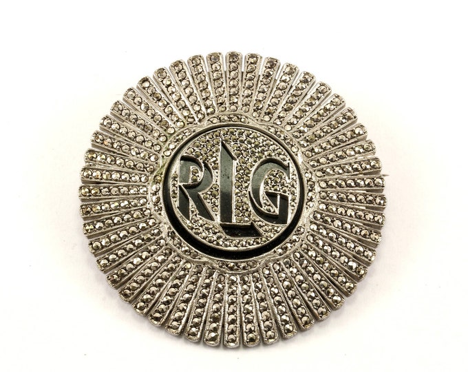 Vintage Initial RLG Onyx Marcasite Inlay Pin/Brooch 925 Sterling BB 922