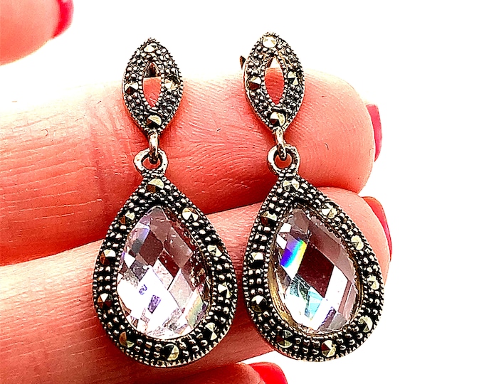 Vintage Earrings| White Chrystal Design Earrings | Marcasite Stone Design Earrings | Sterling 925 Silver Earrings| ER 959N