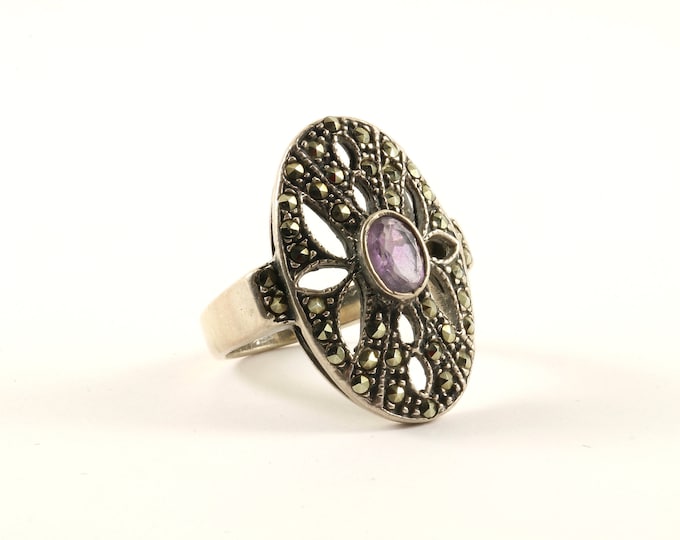 Vintage Size 7.5 Large Purple Amethyst Marcasite Design Ring 925 Sterling Silver RG 964