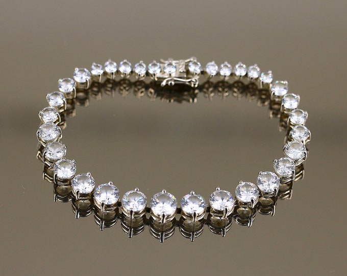 Vintage Gradual Beaded Beautiful White Crystals CZ Link Design Tennis Bracelet 925 Sterling BR 3039