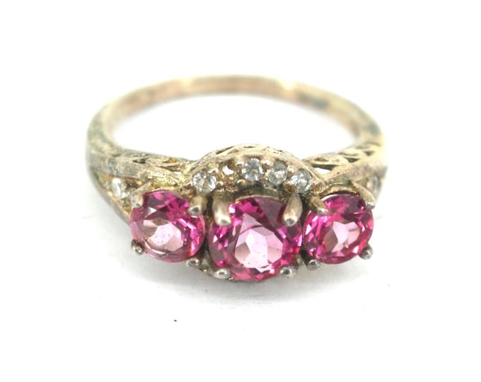 Vintage Size 7 Thailand White& Pink Square Crystals CZ Design Ring 925 Sterling Silver RG 4637