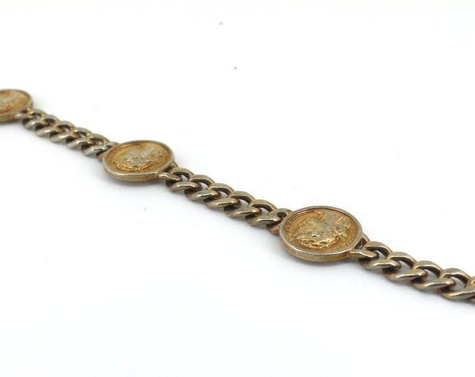 Vintage Italy Charm Engraving 3 Disc Francaise Design Link Bracelet  Sterling 925 Silver BR 3207
