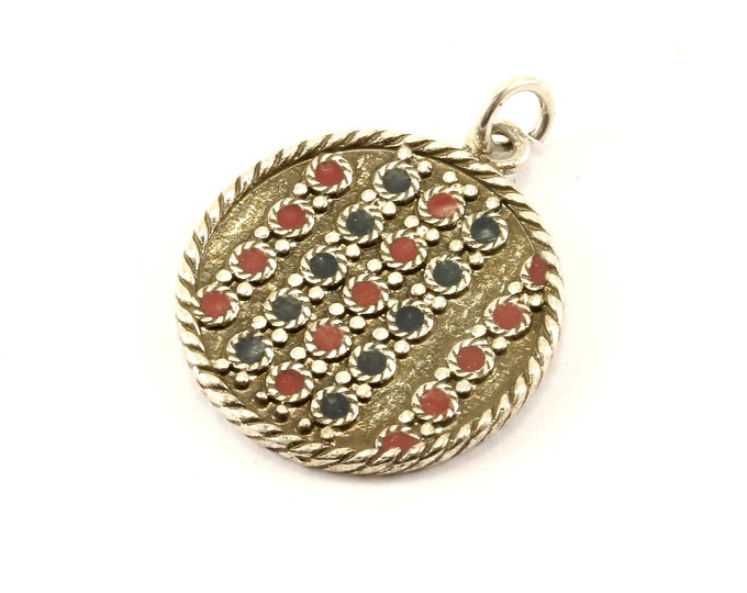 Vintage Round Blue & Pink Dots Design Pendant 925 Sterling PD 1578