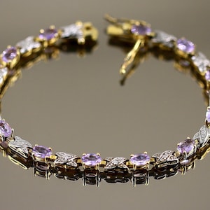 XO Sparkling Purple Crystals CZ Two Tone Gold Plated Tennis Link Design Bracelet 925 Sterling BR 3931