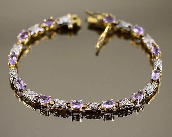 XO Sparkling Purple Crystals CZ Two Tone Gold Plated Tennis Link Design Bracelet 925 Sterling BR 3931