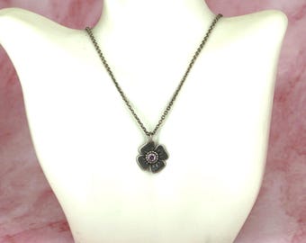 Authentic 18in Pandora Pink Topaz Flower Pendant Necklace Sterling Silver NC 014