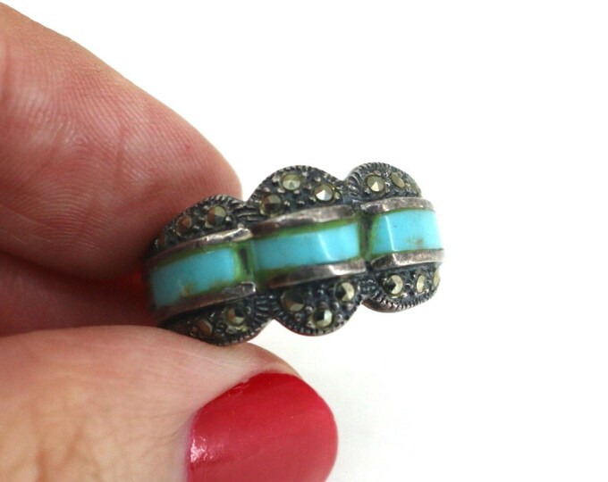Vintage Size 5.75 Marcasite Blue Ring 925 Sterling RG 1712
