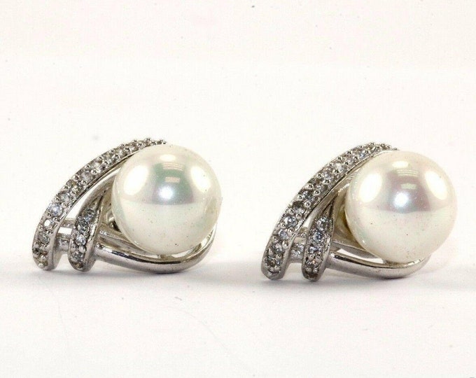 Vtg Elegant Pearl Imitation Stud Earrings 925 Sterling Er 664(401742007687)