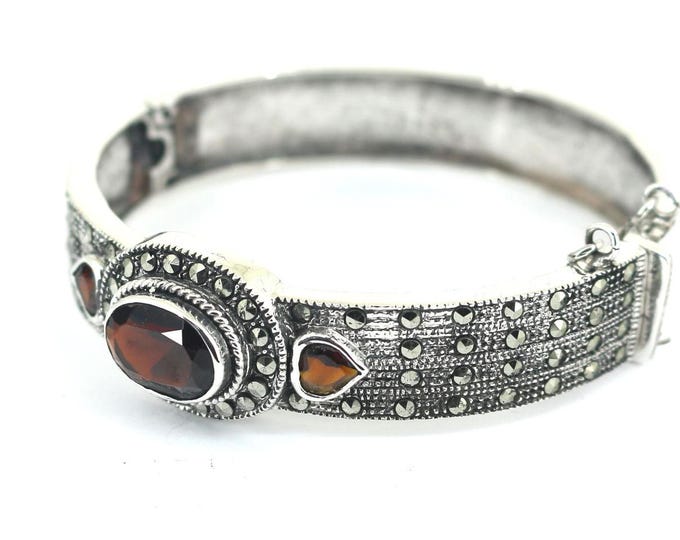 Vintage Garnet & Marcasite Stones Bangle Design 925 Sterling Silver Bracelet BR 2719