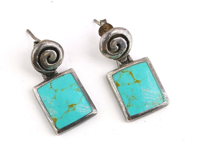 Vintage Beautiful Rectangle Blue Turquoise Stone Swirl Design Drop Dangle Earrings 925 Sterling ER 1395