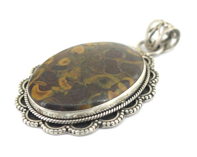 Vintage Handmade Coffee Bean Jasper Oval Pendant Silver 925 Sterling PD 2683