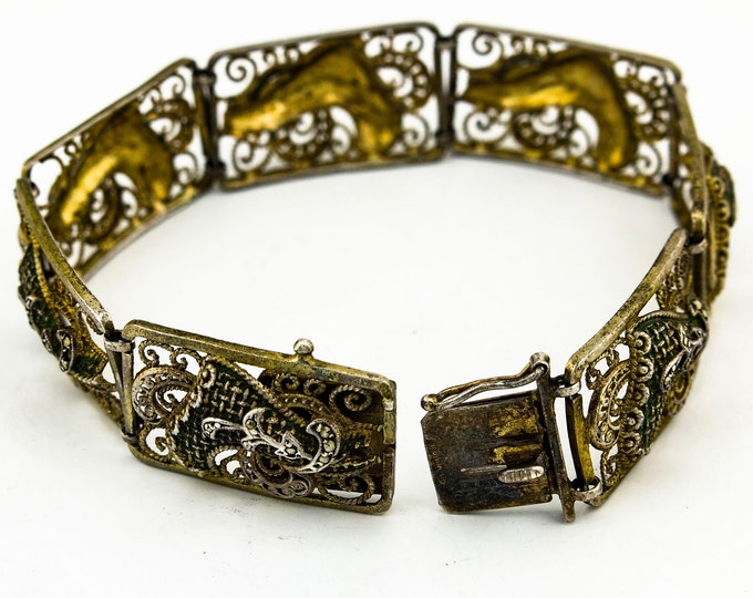 Cutout Floral Engraved Rectangle Links with Tiny Marcasite Stones Design Vintage Elegant Bracelet for Women 925 Sterling Silver Br 1645Q