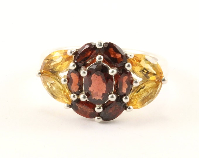 Vintage Floral Red & Yellow Crystals Ring 925 Sterling Silver RG 1859-E