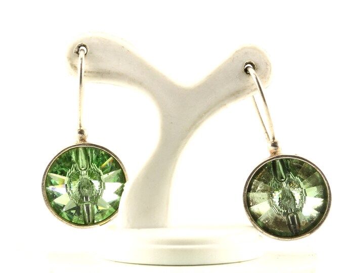 Vintage Round Green Crystal Drop/Dangle  Earrings 925 Sterling Silver ER 967