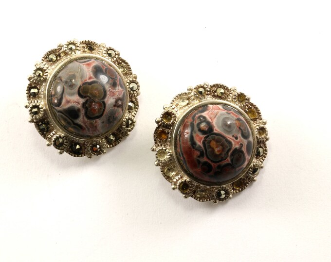 Vintage Round Jasper Marcasite Clip On Earrings 925 Sterling Silver ER 982