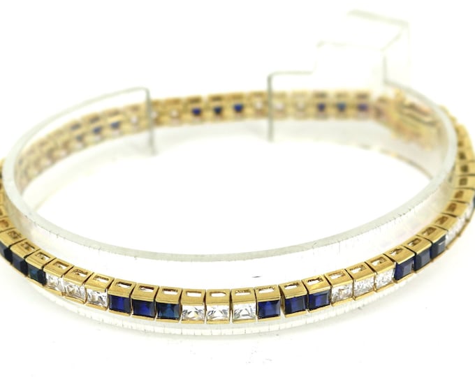 Vintage Gold Plated Sparkling Rectangle Dark Blue Crystals CZ Design Tennis Chain Bracelet 925 Sterling Silver BR 1