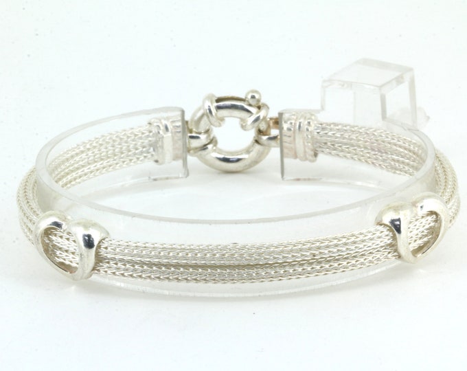 Vintage Two Rows Heart  Bracelet Silver 925 Sterling Br 1545