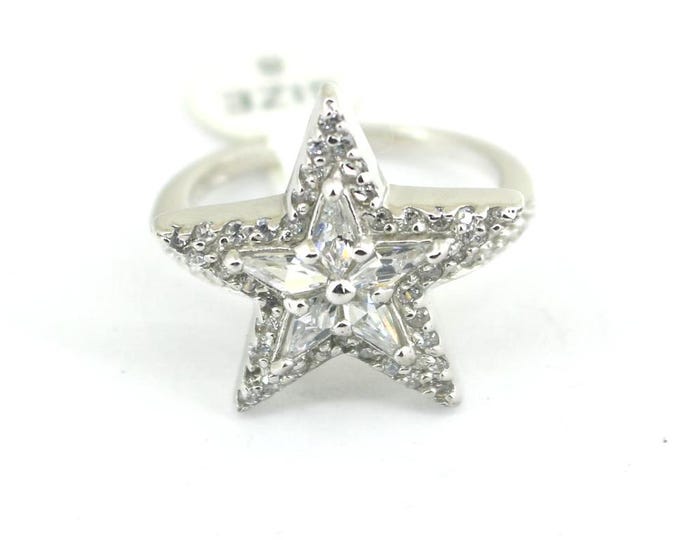 Vintage Size 8 Star Shape Shiny Crystal CZ Design Ring 925 Sterling Silver RG 4530