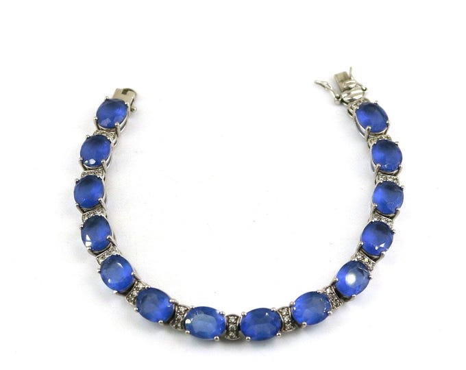 Vintage Oval Blue and White Crystals CZ Design Tennis Chain Bracelet 925 Sterling Silver BR 3765D