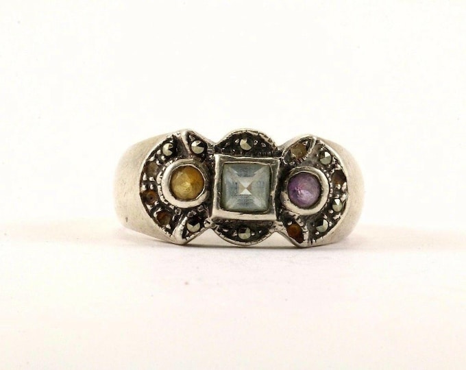 Vintage Size 7 Multi Color Crystals Design Cocktail Ring 925 Sterling Rg 3252(123757198302)