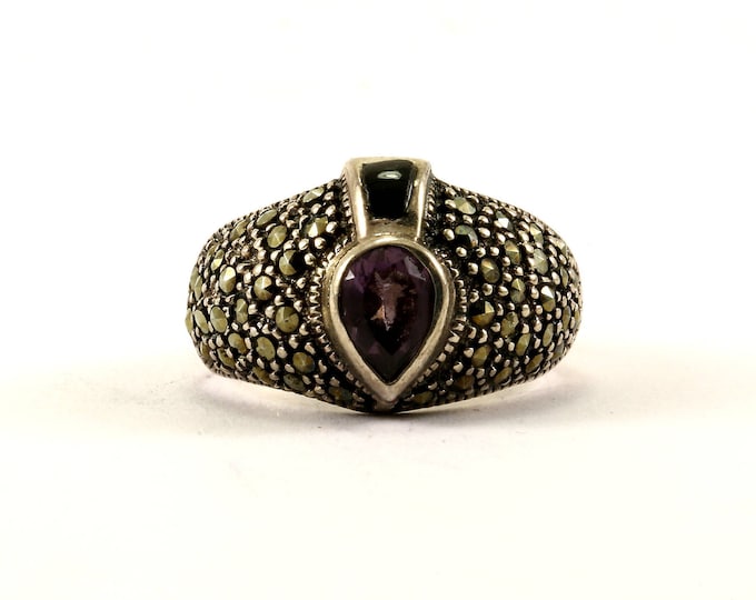 Vintage Size 6.75 Amethyst & Marcasite Color Crystal Ring 925 Sterling Silver RG 3359