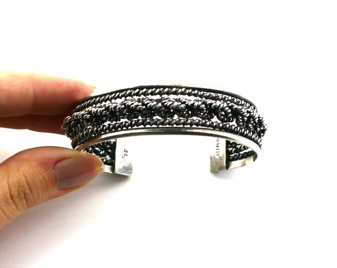 Vintage Navajo JA Stamped Braided Twisted Rope Native American Design Cuff Bracelet 925 Sterling Silver BR 2365U