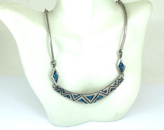 Vintage 16 inch Mexico Turquoise Inlay Necklace Sterling Silver NC 012
