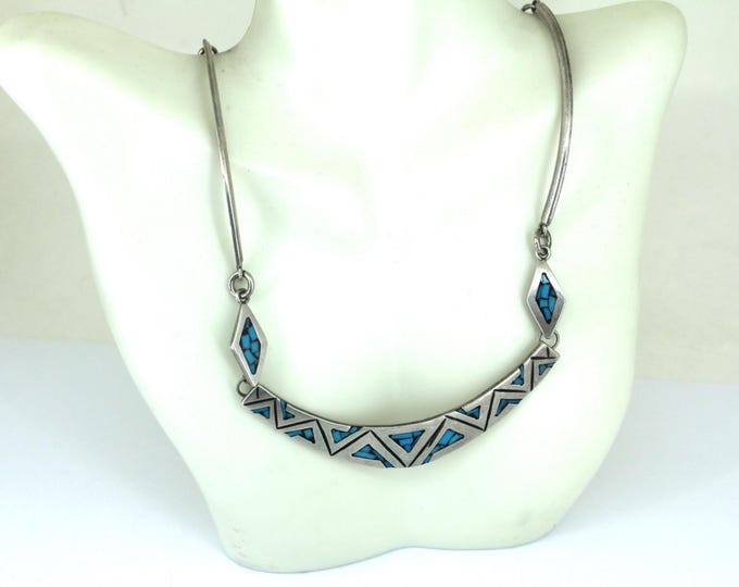 Vintage 16 inch Mexico Turquoise Inlay Necklace Sterling Silver NC 012