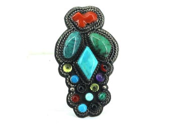 Vintage Multi-Stone Sterling Silver Brooch: Turquoise, Coral, Onyx, Malachite BB 1772