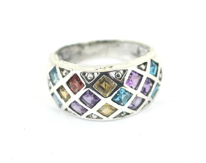 Vintage Size 7 Rainbow  Bright Multi Color Crystals CZ Design Band Ring 925 Sterling Silver RG 4617