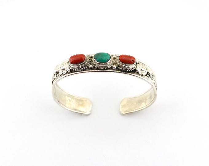 Vintage Coral Turquoise Stone Beads Scrolls Leaf Leaves Design Cuff Bracelet 925 Silver BR 3043