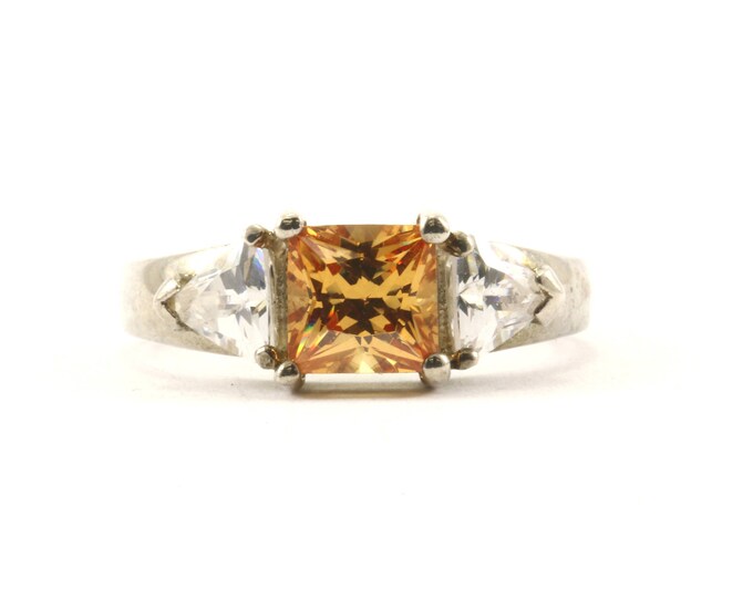 Vintage Size 6 Princess Cut Crystal Ring 925 Sterling Silver RG 1004-E