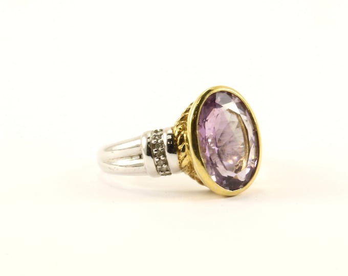 Vintage Size 8 Natural Diamonds Purple Amethyst Two Tone Design Ring 925 Sterling RG 1548