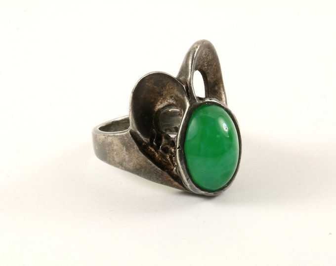 Vintage Size 8.5 Free Form Oval Green Onyx Design Ring 925 Sterling Silver RG 4130