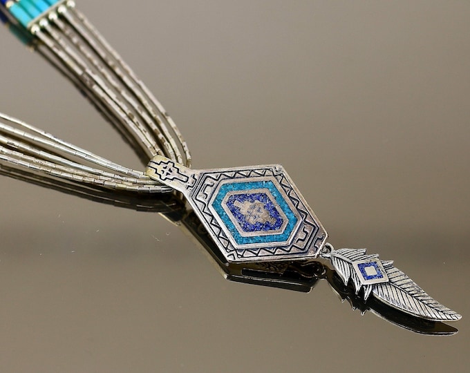 Vintage Beautiful Blue Turquoise Lapis Lazuli Rhombus Ethno Tribal Feather Navajo Design Pendant Chain Necklace 925 Sterling Silver NC 1951