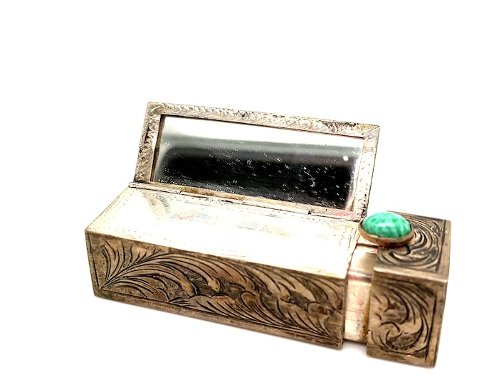 Vintage Box For Lipstick | Turquoise Stone Design Box For Lipstick | Floral Design Box For lipstick | 800 Sterling Silver OT 221V