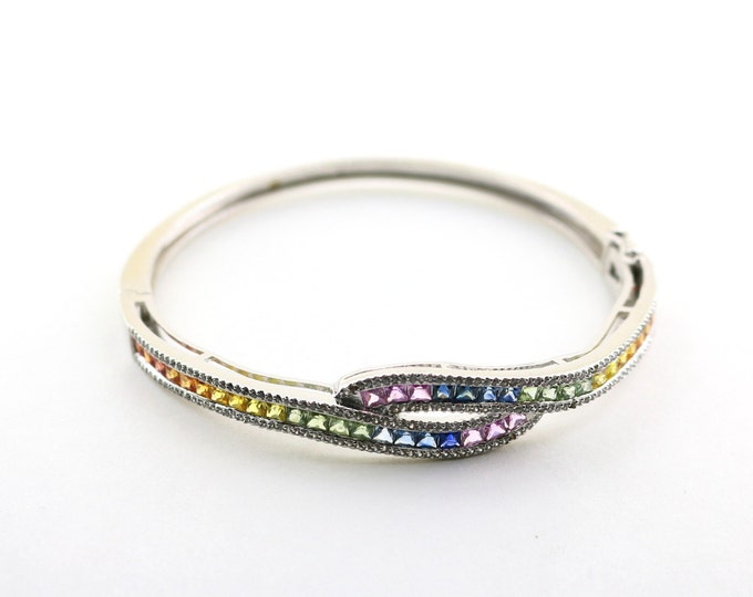 Vintage D'Joy Signed Multicolor Sparkling Rainbow Swarovski Crystals Large Design Bracelet 925 Silver BR 3612U