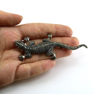 Vintage Large Long Shiny Lizard Reptile Marcasite Stones Animal Brooch Sterling Silver 925 BB 723